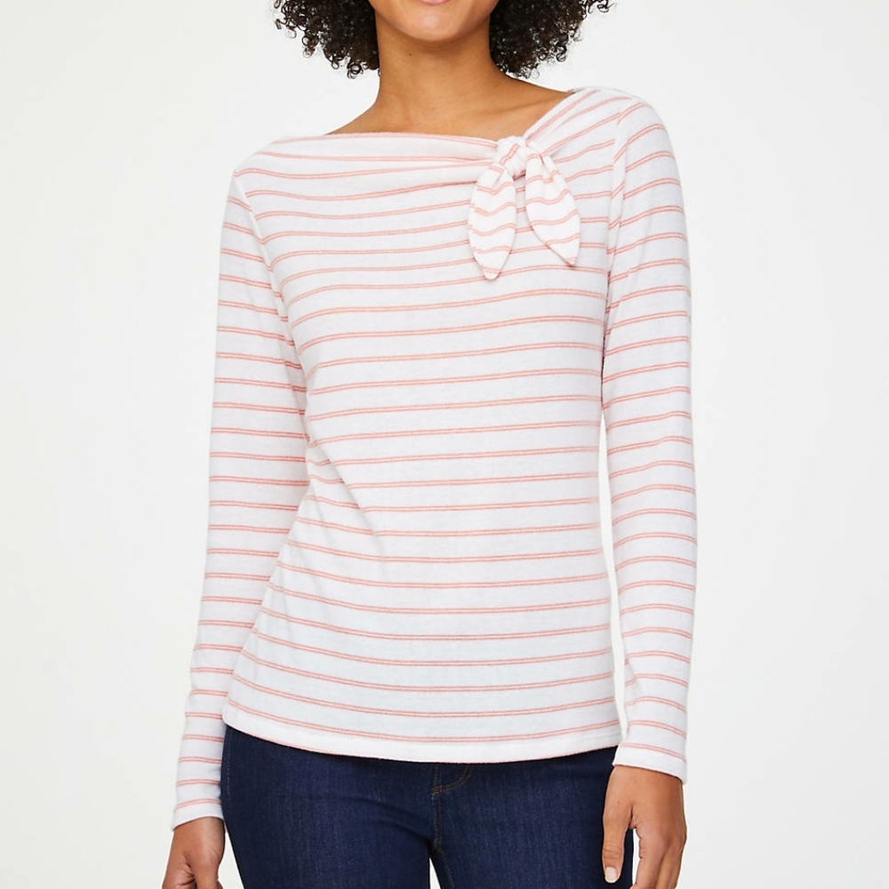 LOFT Pink & White Striped Cozy Sweater Size Medium Petite